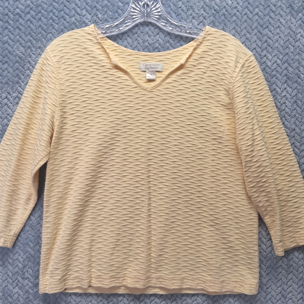 Christopher & Banks Yellow Textured Cotton Split Neck 3/4 Sleeve Top Style 1637